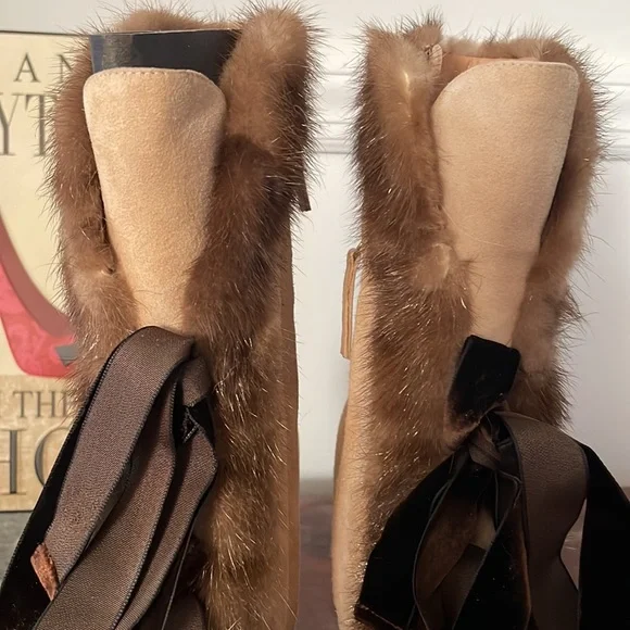 Blumarine Tan Ankle Boots with Brown mink and Ribbon - Picture 8 of 8